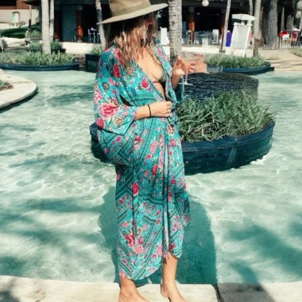 SPELL and Gypsy BABUSHKA KIMONO DUSTER IN BLUE/Green- STUNNING! S/M